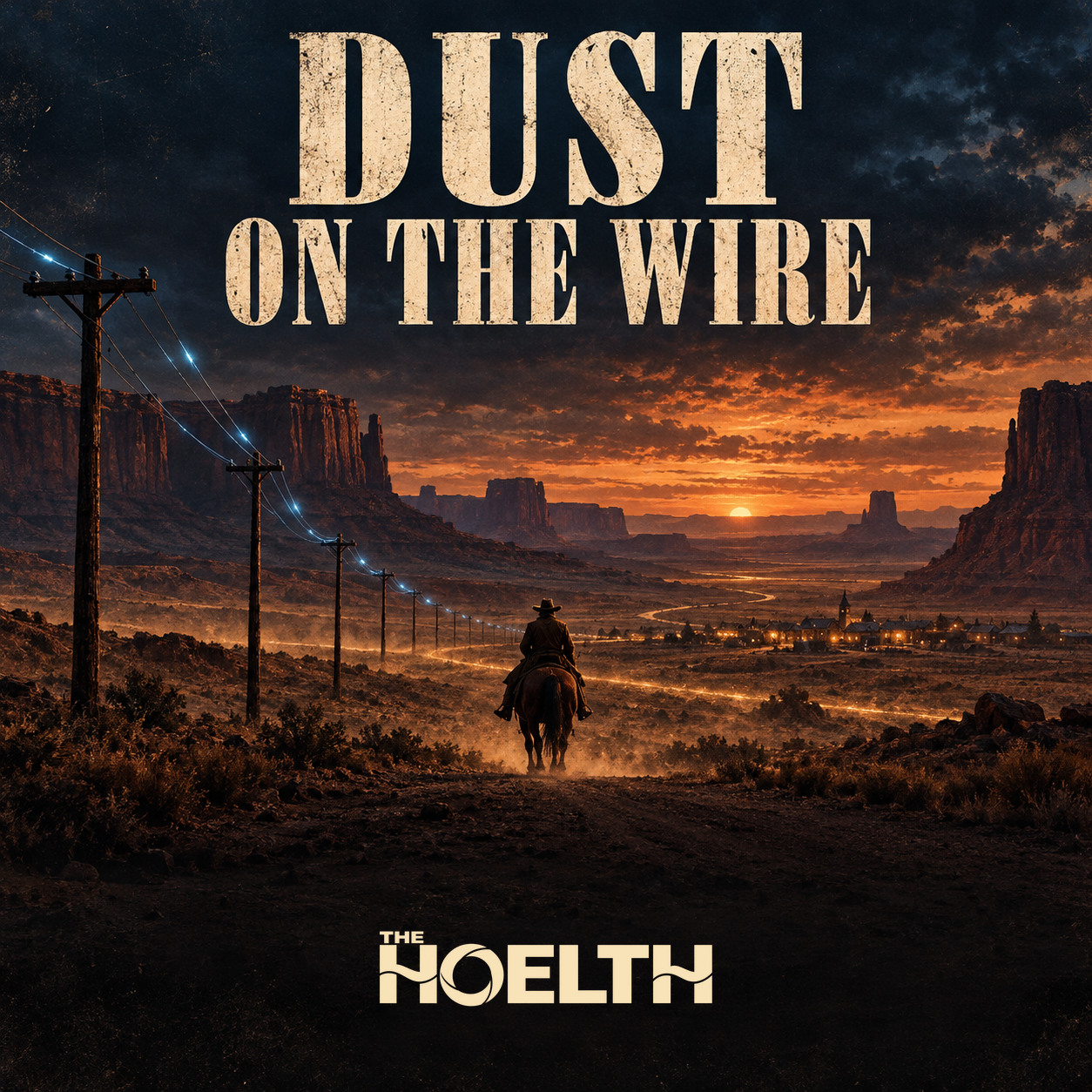 Albumcover Dust on the Wire: ein Reiter vor einer Westernlandschaft im Abendlicht, begleitet von leuchtenden Telegraphendrähten