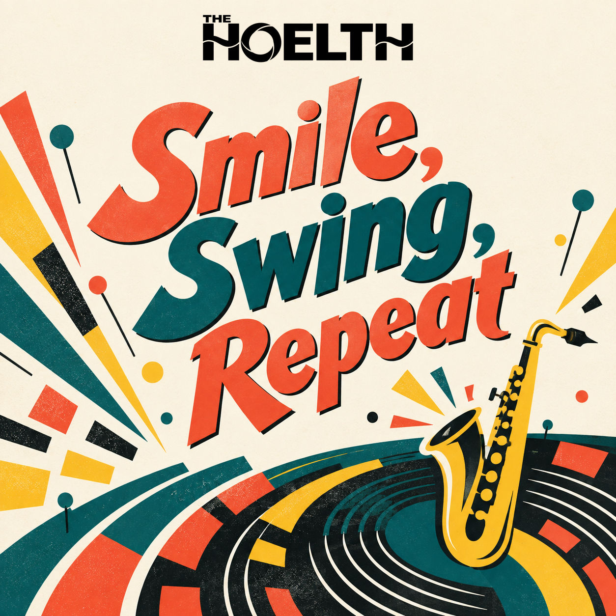 Albumcover Smile, Swing, Repeat: gelbes Saxofon auf einer bunten Schallplatte, darüber der Albumtitel in Korallrot und Petrol
